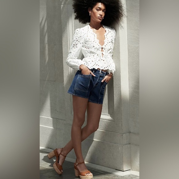 Express Denim Mid Rise Patch Pocket Midi Jean Shorts - Picture 8 of 9